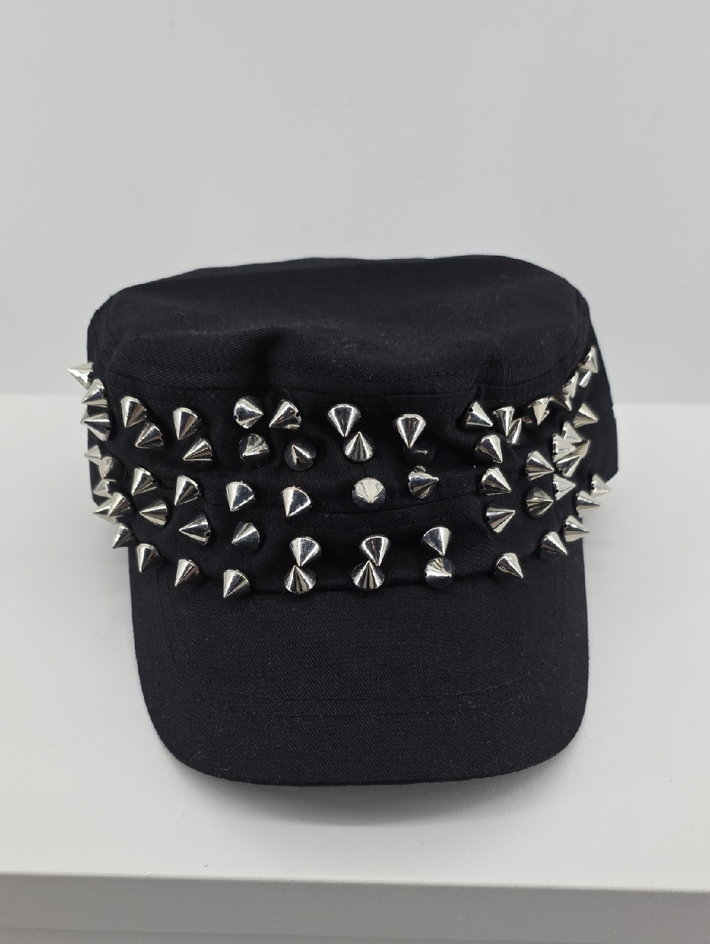 Black Studded Military-Style Cap with Silver Spikes